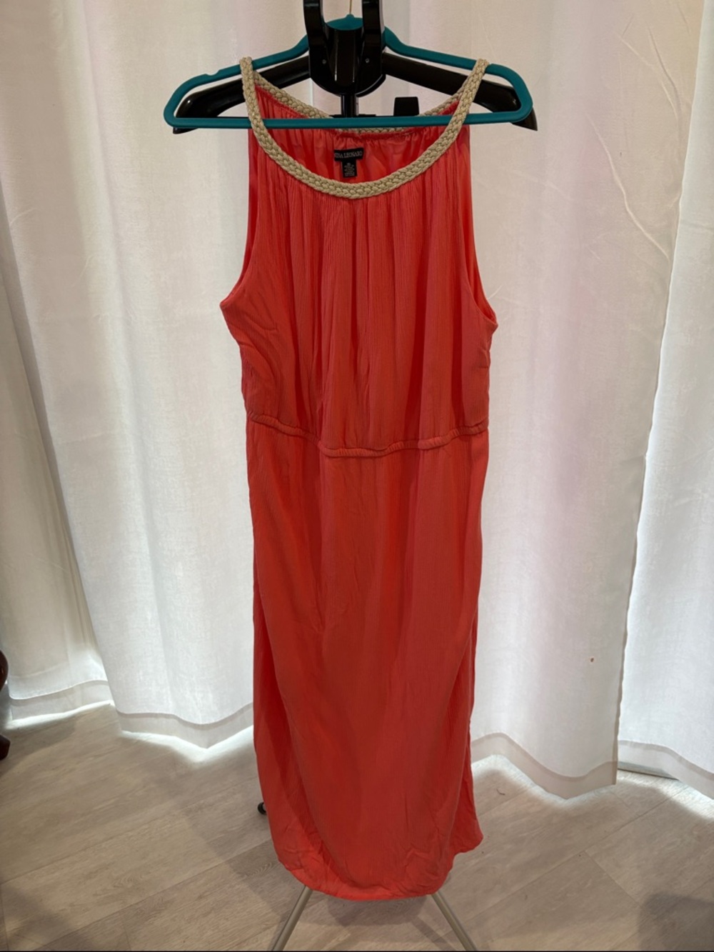 Nina Leonard Coral-Red Maxi Dress with Braided Neckline